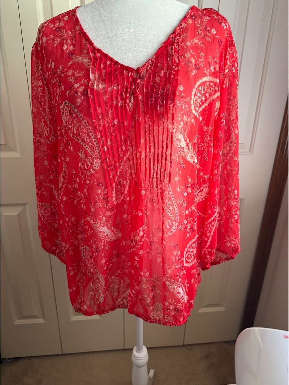 St Johns Bay Blouse Womens 2X Red Paisley Floral Sheer Pintuck Boho Peasant Top